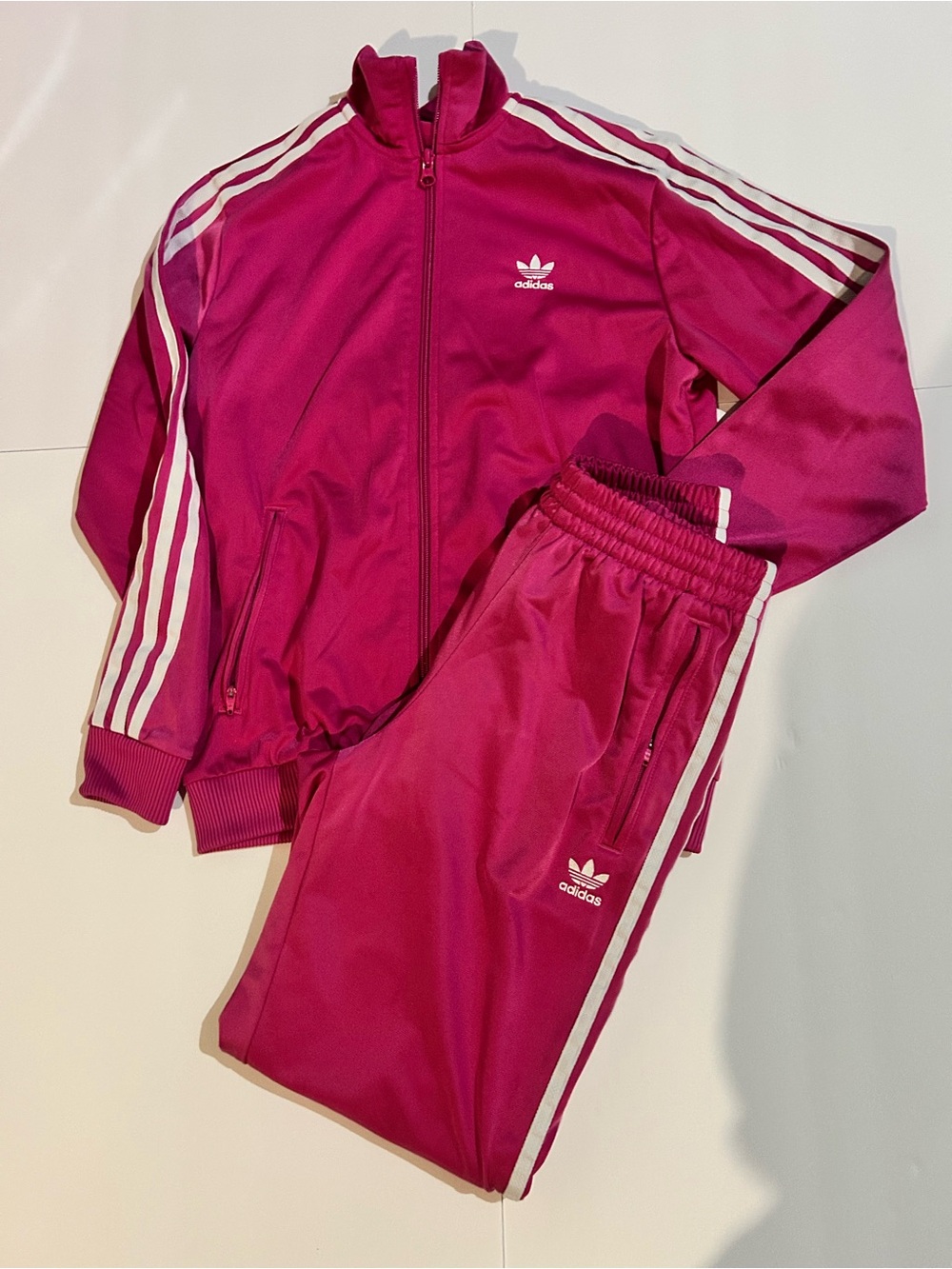 adidas Fuchsia Pink Three-Stripe Track Jacket and Pants Set
